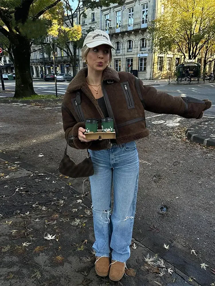 

Retro Thick Faux Fur Cropped Jacket Women Loose Lapel Long Sleeve Zipper Warm Short Coat 2023 Winter Lady Office Street Outwear