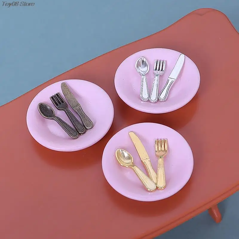 

1Set 1/12 Dollhouse Miniature Knife Fork Spoon Plate Set Model Kitchen Accessories For Doll House Decor Kids Pretend Play Toys