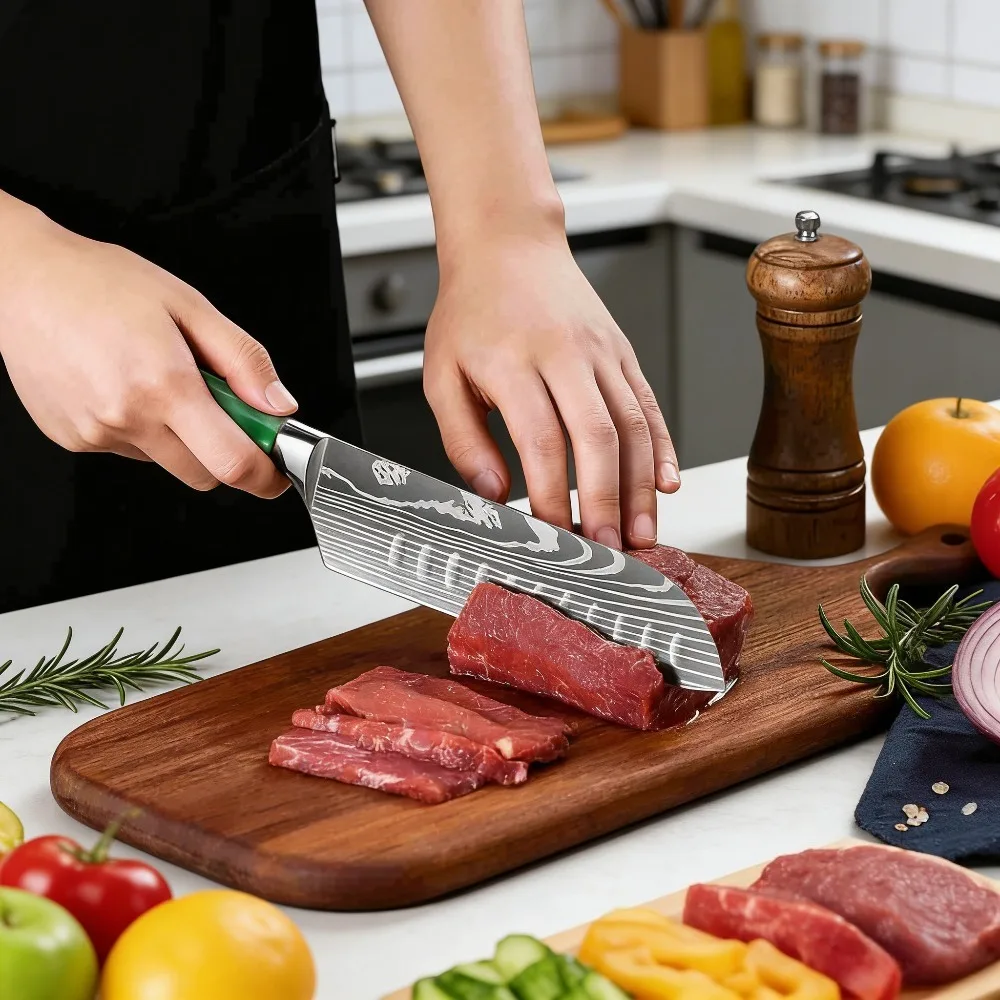 ZENG 8-teiliges Professionelles Küchenmesser-Set aus Hochkarbon-Stahl mit Damastmuster und Grünem Kunstharzgriff, Kochmesser mit Geschenkbox – Detail 2