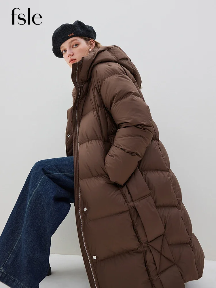 

FSLE 222G Filling Capacity Women Hooded Long Black Down Jackets Simple Raglan Sleeve Thicken Winter White Duck Female Down Coat