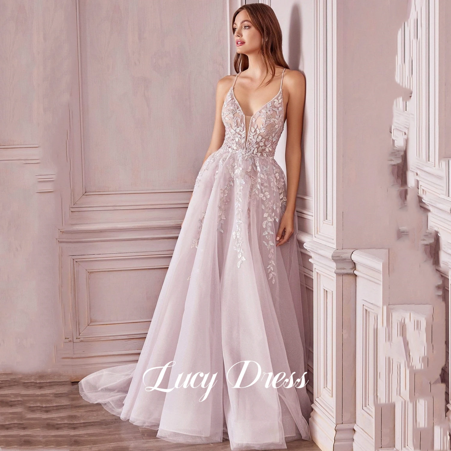

Lucy Champagne Party Dresses Woman Sling Formal Occasion Dresses for Prom Line A Long Wedding Party Dress Es Applique Evening