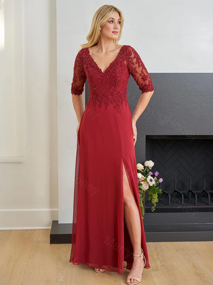 

Lace Appliques Half Sleeves Mother of The Bride Dress with Slit Chiffon Formal Evening Party Gown A Line Long Prom Dress MH833
