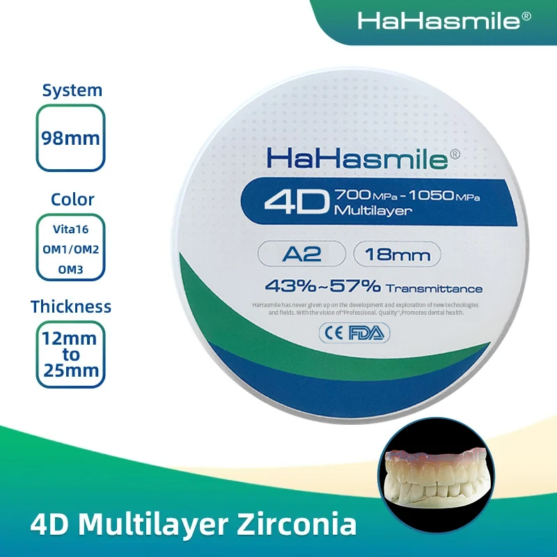 

HaHasmile 4D 98-A2 Multilayer Fixed Zirconia Block Dental Laboratory Restoration And Care Material Bending Strength 700-1050mpa