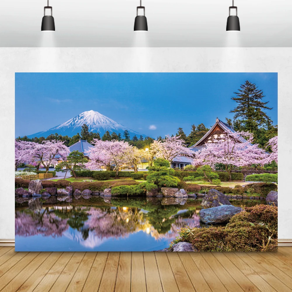 Photo Backdrop Laeacco Mount Fuji Pink Cherry Blossoms Japanese Torii Shrine Natural Scenery