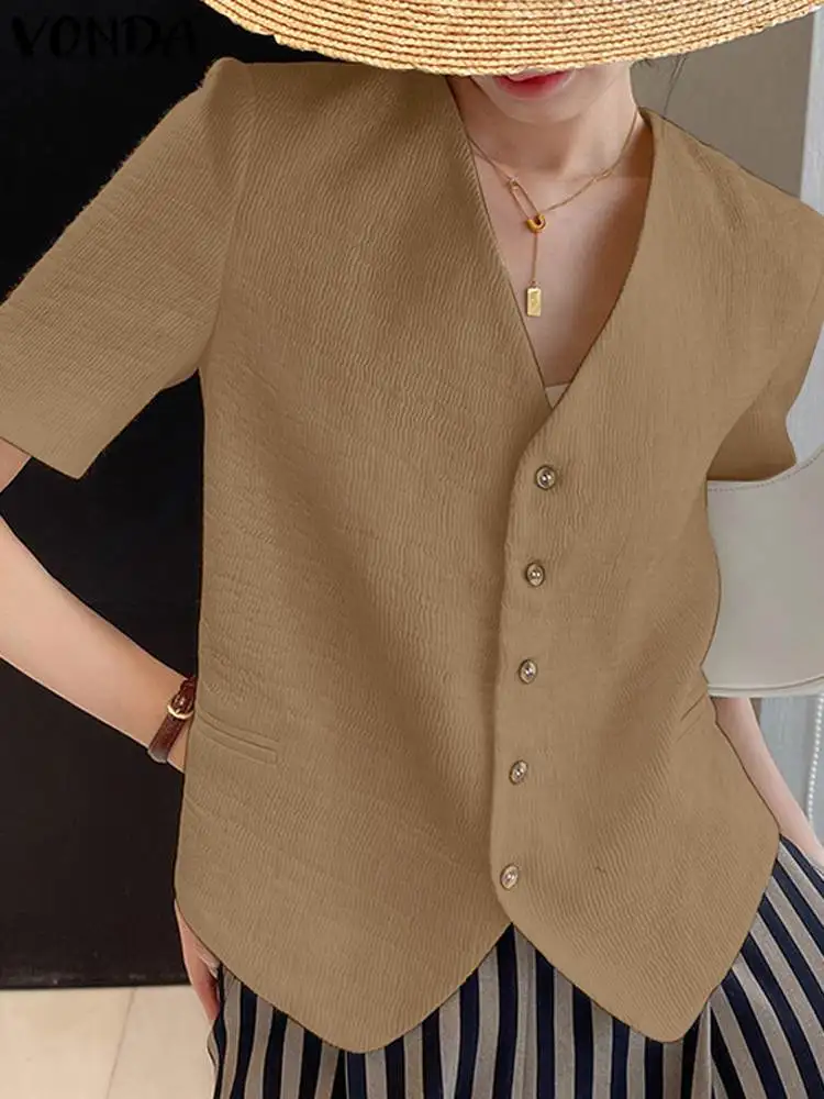 

Женские рубашки 2023 VONDA летняя Элегантная блузка с коротким рукавом Сексуальная Повседневная однотонная туника с V-образным вырезом топы Свободные женские блузы на пуговицах