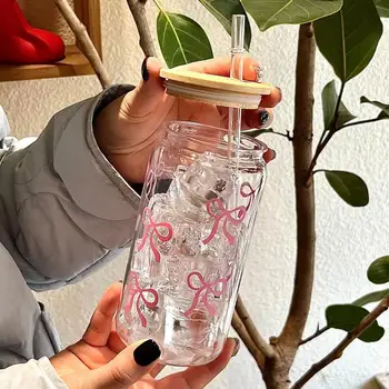 Gobelet en verre Transparent de 500ml/16oz, autocollant de fleur d'arc rose, tasse de jus de boisson adaptée aux boissons chaudes et froides en été G3V4 1