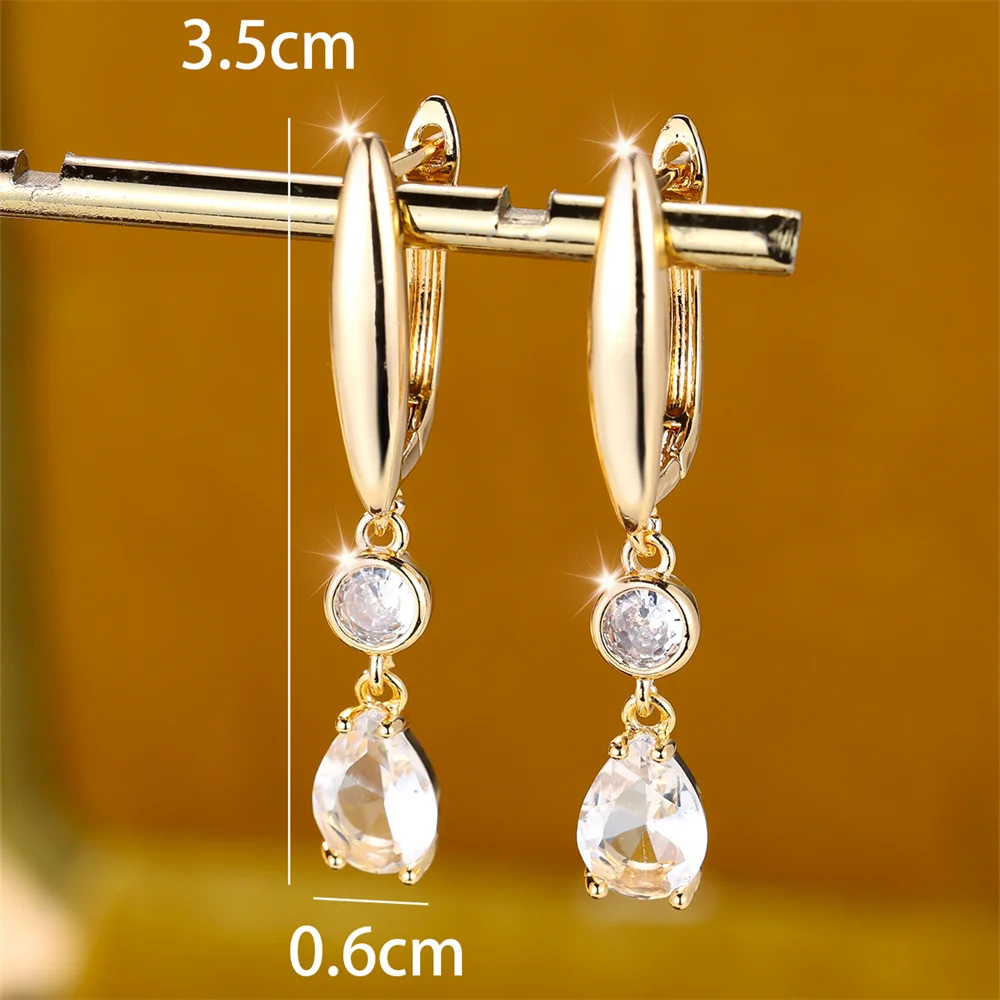 White Zircon Water Drop Stone Pendant Hoop Earrings For Women Trendy Gold Color Ear Buckle Wedding Jewelry Engagement Party Gift
