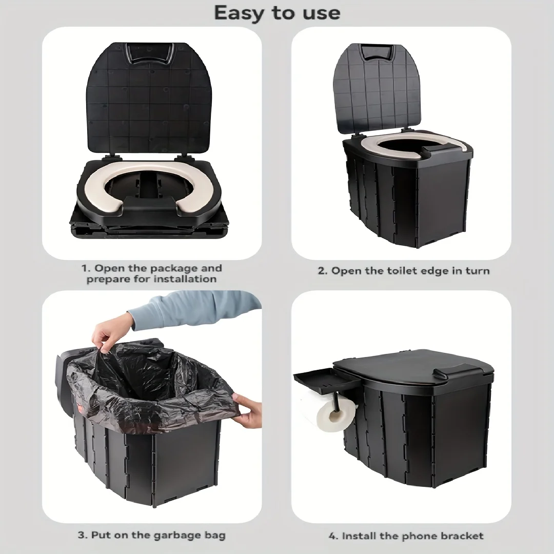 Portable Folding Toilet With PU Seat Cushion, Portable Toilet With Lid For RV, Car, Camping, Hiking, Travelling 4