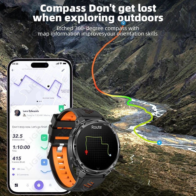 LIGE New Health Smartwatch 1000mAh Battery LED Flashlight Compass Smart Watch Man BT Call Sport IP68 Waterproof Smartwatches Men