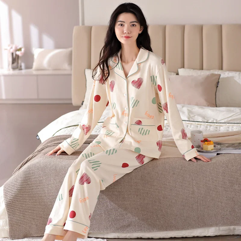 Cute Korean Style Home Pajamas Set Women's Spring and Autumn Full Cotton Color Leisure Gentle Long-sleeved Long Pants Sleepwear