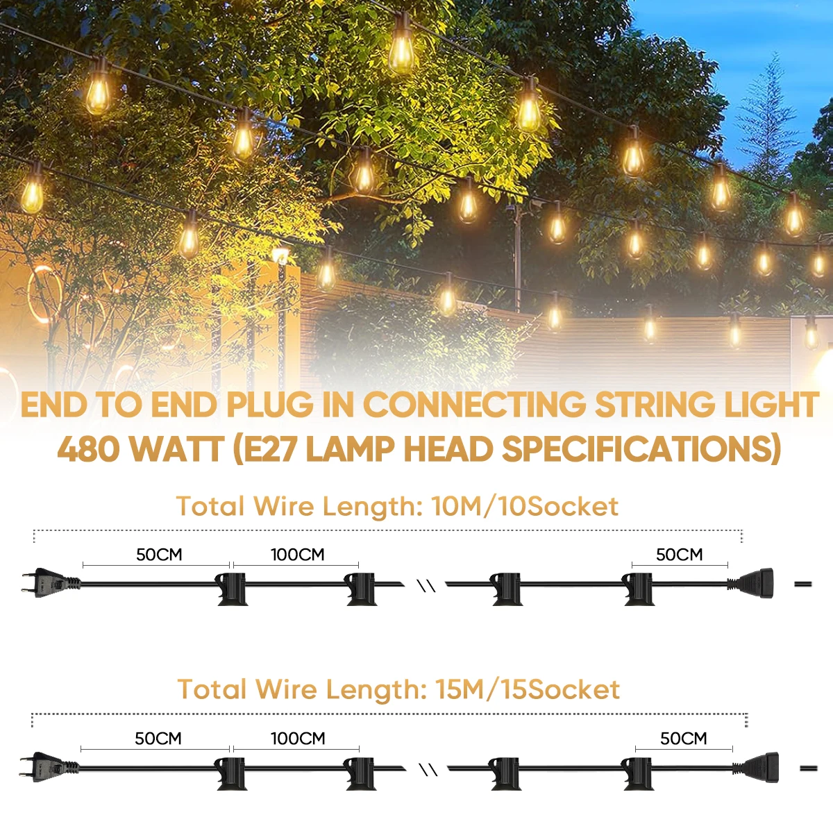Outdoor Patio String Light Cable with E27 Sockets and EU Plug - Perfect