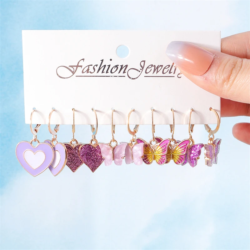 5 Paare/satz Mode Bunte Liebe Herz Tropfen Ohrringe für Frauen Nette Schmetterling Baumeln Haken Ohrringe Mädchen Partei Schmuck Geschenke – Detail 7
