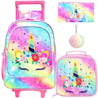 Rolling Backpack for Girls and Boys Kids Unicorn Dinosaur Bookbag with Roller Wheels Suitcase School Bag Set 1