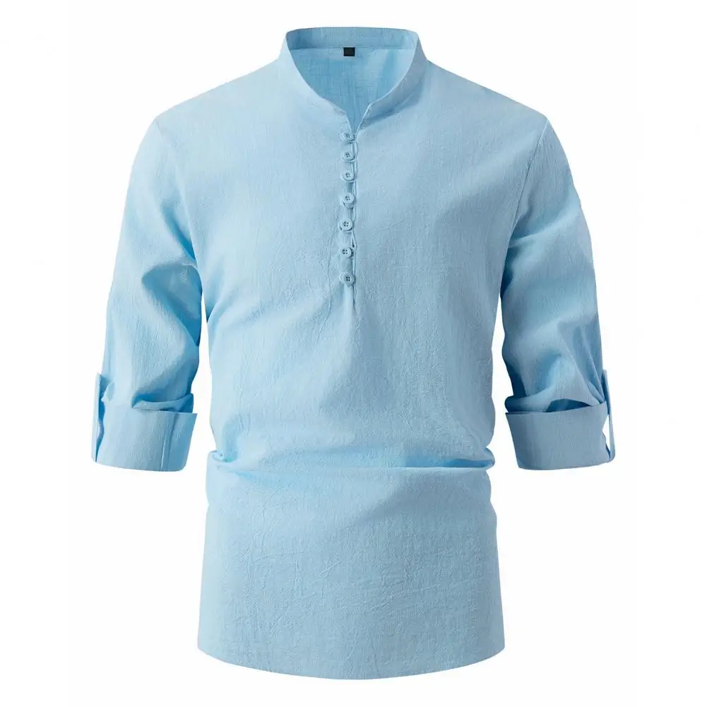 

Men Stand Collar Shirt Men's Retro Stand Collar Long Sleeve Shirt Slim Fit Solid Color Pullover Tops Classic Japanese Style