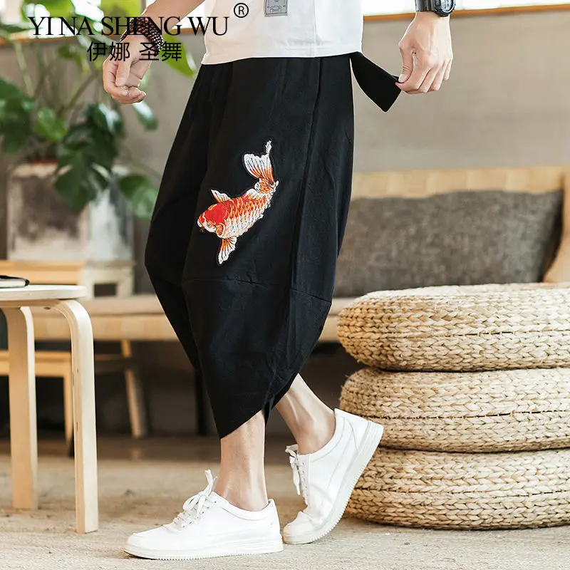 Men's Loose-fit Linen Short Traditional Chinese Style Embroidered Fish Beach Trouser Trendy Wide-leg Harlan Bloomer