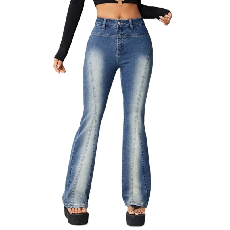 

FUAMOS New Personalized Slim Joker Stretch Micro-pants Jeans Women's European American Slim Lace Wide Leg Big Horn Pants