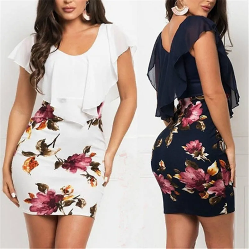 

Bikoles Summer Sexy O Neck Package Hip Floral Print Women's Fashion Holiday Fashion Bodycon Party Ladies Mini Dress Vestidos