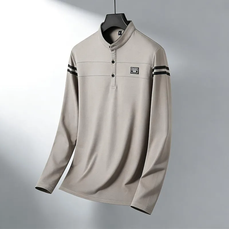 Herren-Poloshirt mit Stehkragen und langen Ärmeln, gestreift, weich, atmungsaktiv, für Business, Arbeit und Alltag – Detail 16