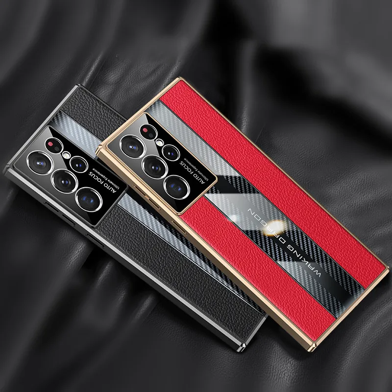 Carbon Fiber Genuine Leather Splicing Cover For Samsung Galaxy S23 Ultra S22 Plus Racing Car Design Camera Protection Phone Case