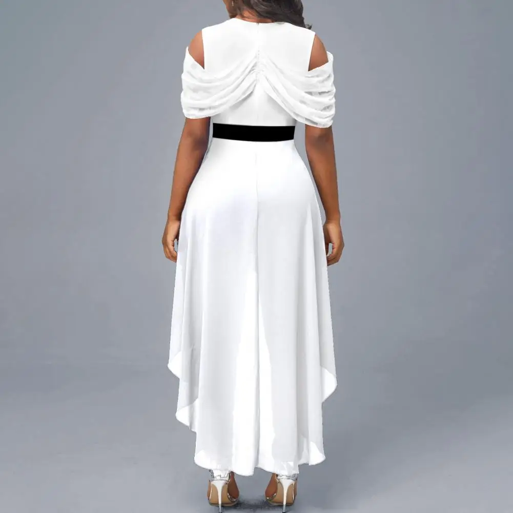 

Women Jumpsuit with Belt Elegant Women's Off Shoulder Romper with Slim Belt Irregular Hem Sexy V-neck Ruffle Playsuit for A