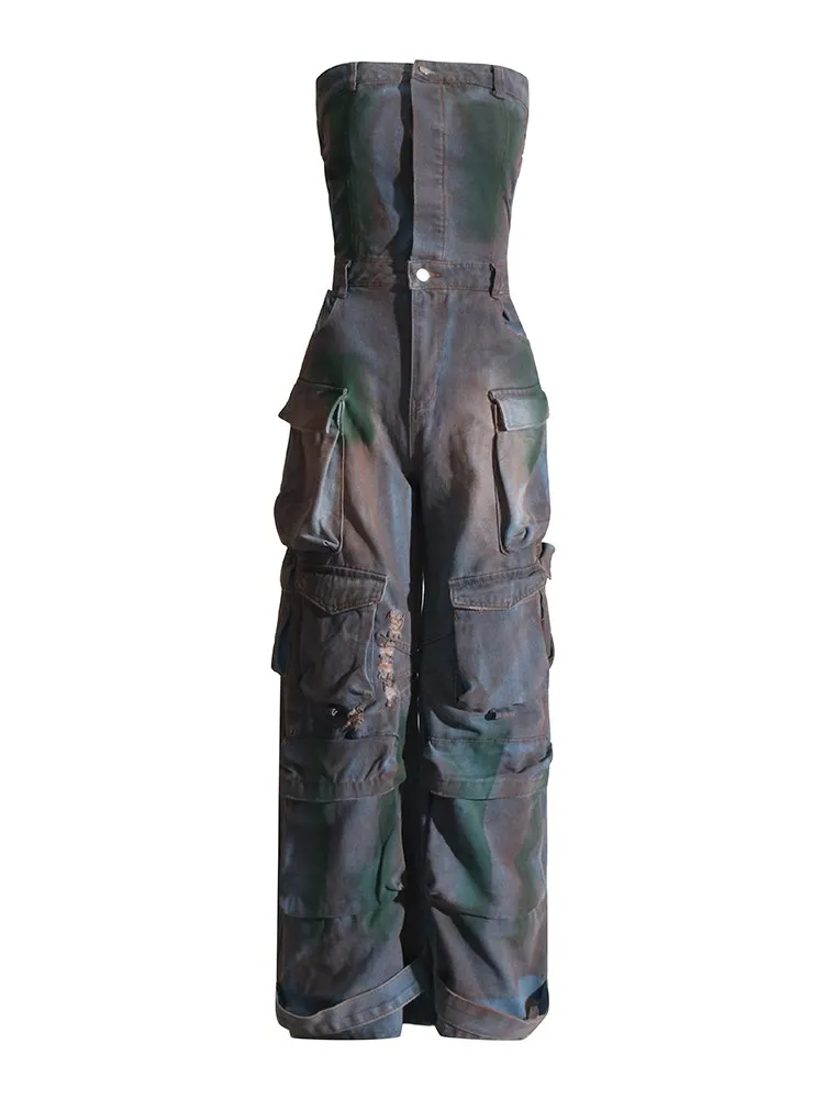 KBQ Streetwear Hit Color Jumpsuit For Women Strapless Sleeveless Off Shoulder High Waist Patchwork Pocket Jumpsuits Female Style