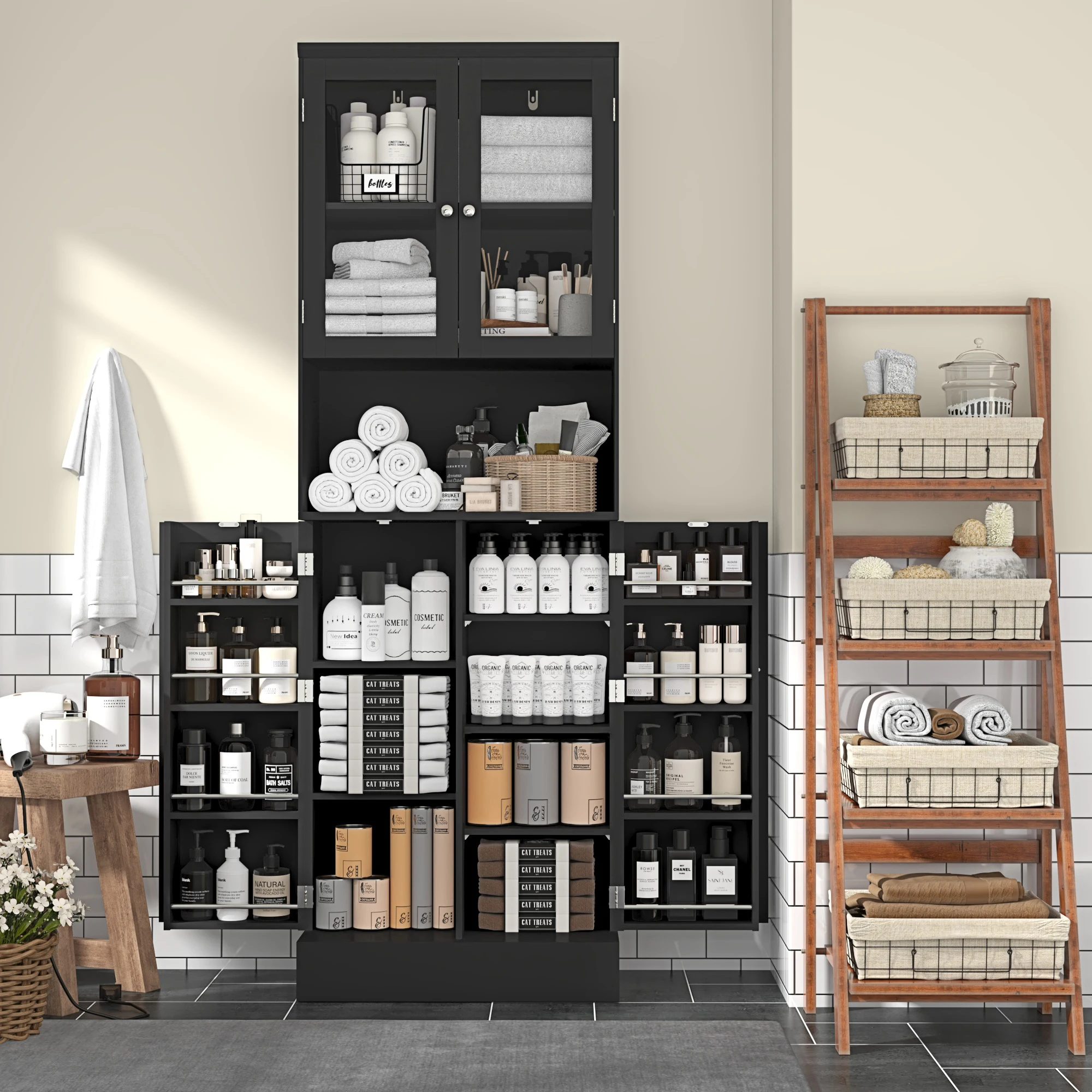 71" Tall Pantry Cabinet, Kitchen Pantry Storage Cabinet w/Glass Doors & Microwave Stand, Black Freestanding Hutch Cabinet