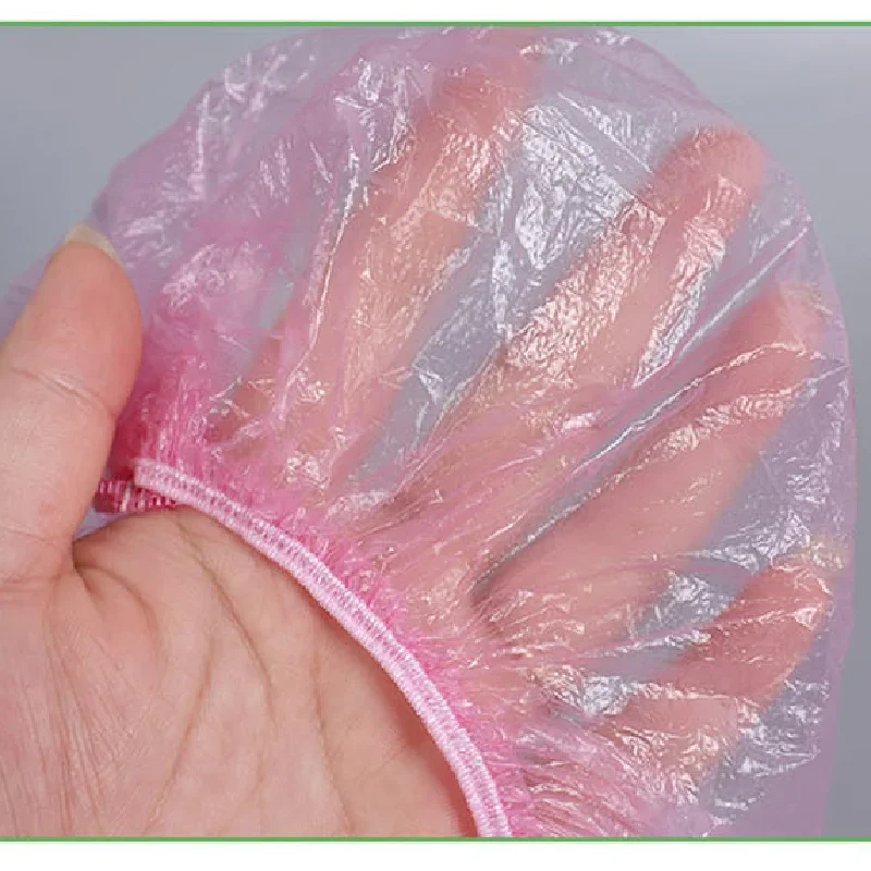 100pcs/set Disposable Shower Caps Plastic Waterproof Headgear Pink Spa Salon Hotel Hair Dye Women Elastic hair Cap Bathroom 2