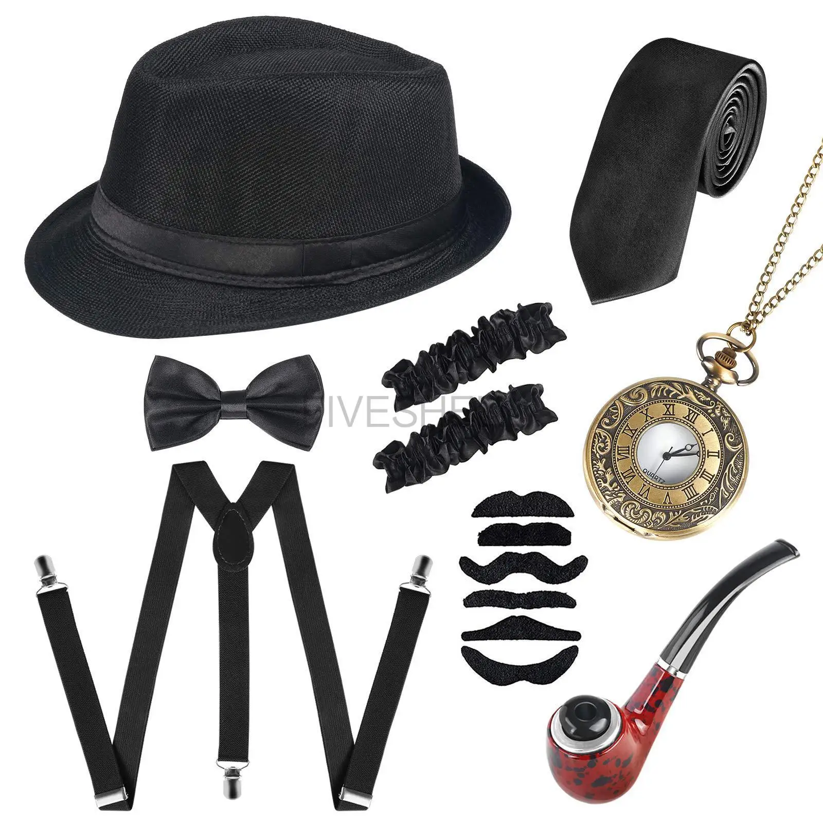 Mens 1920s Great Gatsby Party Cosplay Costume Suit Men Gangster Party Props  Hat Cigar Suspender Pocket Watch Accessories Set - AliExpress