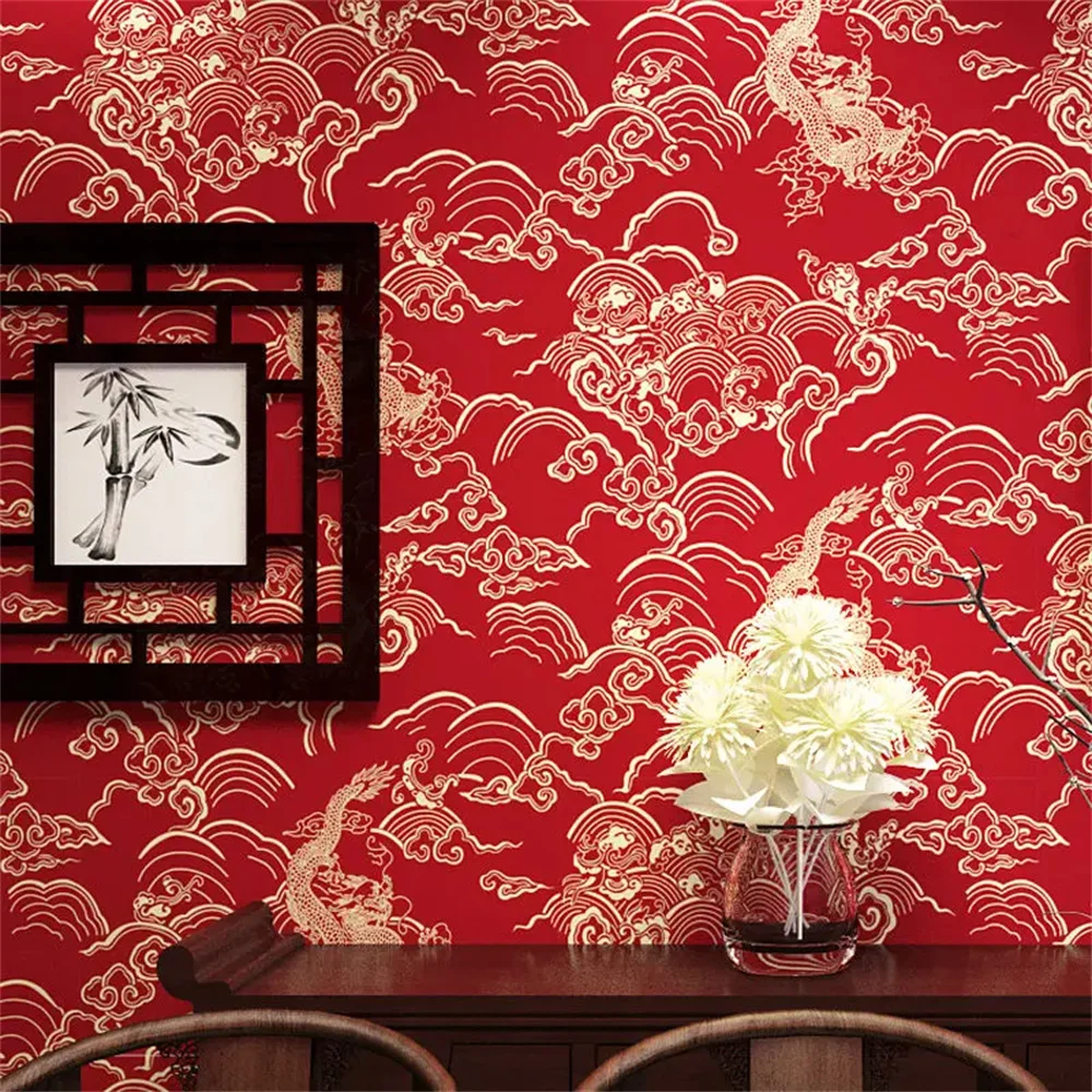 

Chinese Red Wallpaper Dragon Pattern Classical Zen Teahouse Restaurant Temple Decor Wallpapers Mural Living Room