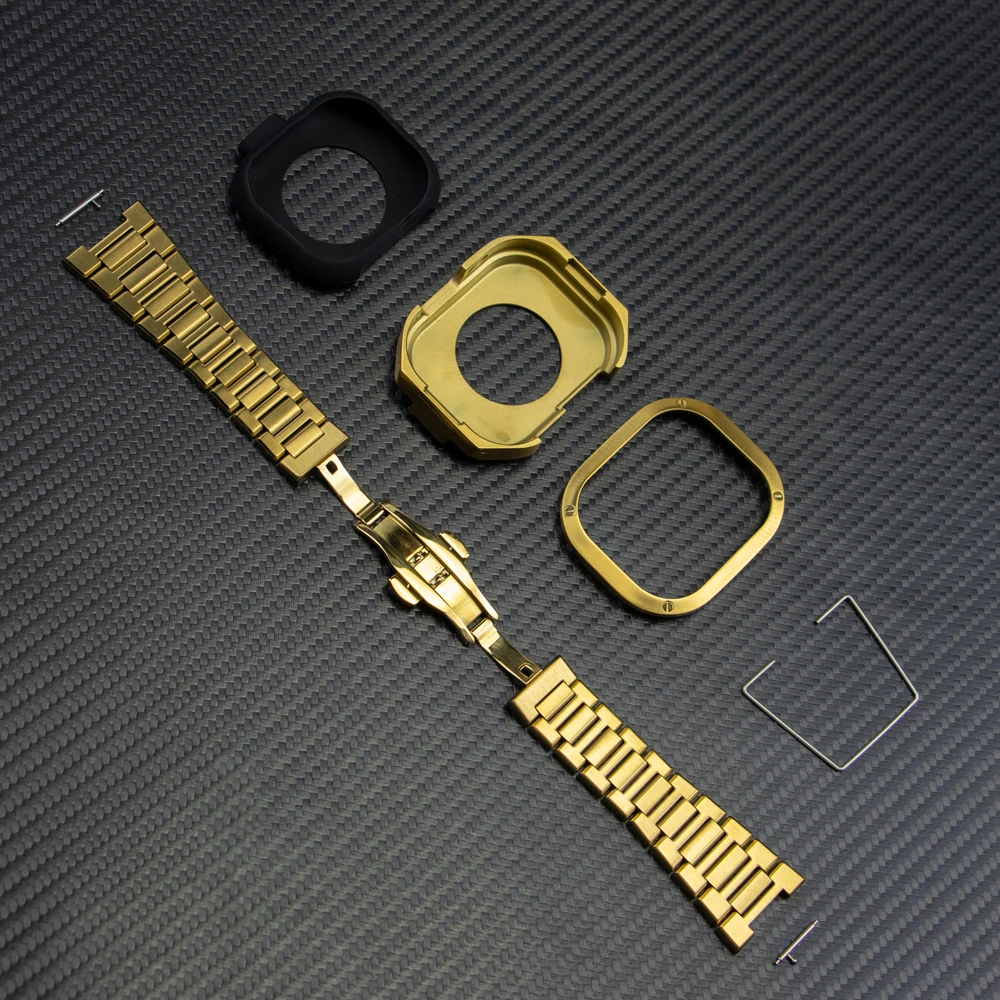 Kit de modification en métal de luxe pour Apple Watch Ultra 49MM Couverture de boîtier en acier inoxydable pour IWatch 49MM Bande de bracelet en caoutchouc Refit MOD_voghion.com