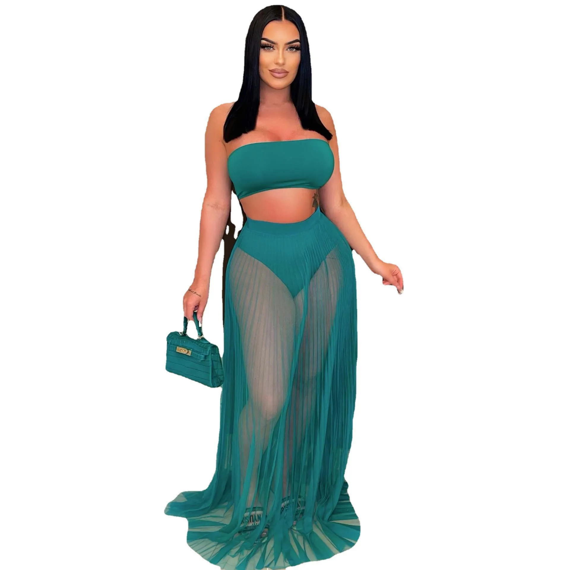 Summer 2023 Women High Waist Transparent Mesh Maxi Skirts Crop Tops Set Fashion See Through Chiffon Long Skirt Two Piece Suit