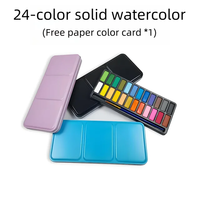 Vernice ad acquerello solida con scatola di ferro da 24 colori, penna gratuita e carta colorata. Adatto per principianti che dipingono, scarabocchi. 1