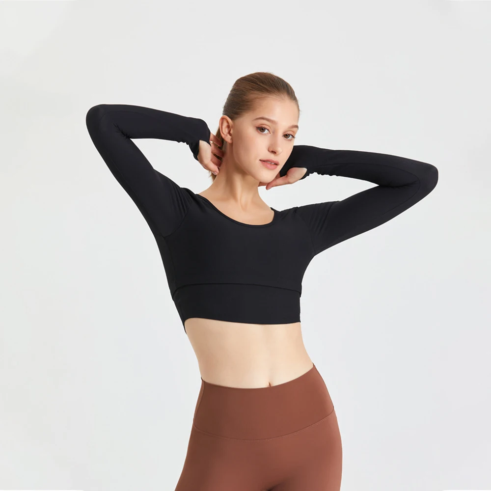 Women'S Yoga Sport Top Gym Female Training Long Sleeve With Chest Cushion Ladies Nylon Workout Undercoat T-shirt