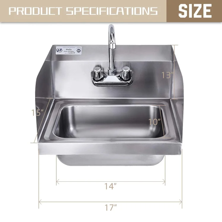 Stainless Steel Sink for Washing with Faucet and Side Splash, NSF Commercial Wall Mount Hand Basin for Restaurant, Kitchen 3
