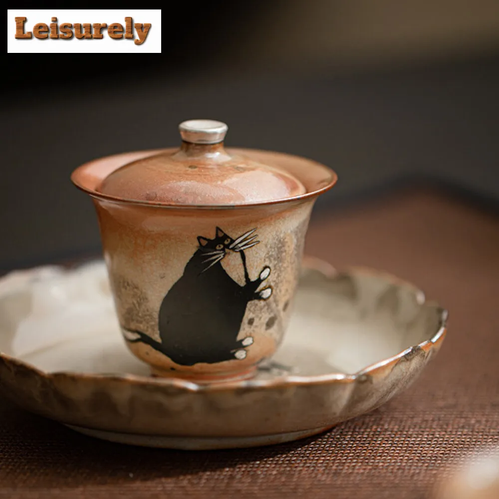 100ml Hand-painted Silver Kiln Change Gaiwan Wood-fired Porcelain Zhiye Cat Tea Tureen Tea Making Cover Bowl Drinkware Gift