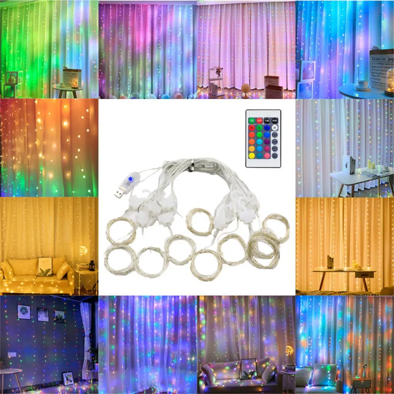 New Year 2022 Home Decor 16 Colors RGB LED Curtain Light String Fairy Garland Christmas Party Bedroom Wedding Navidad Decoration