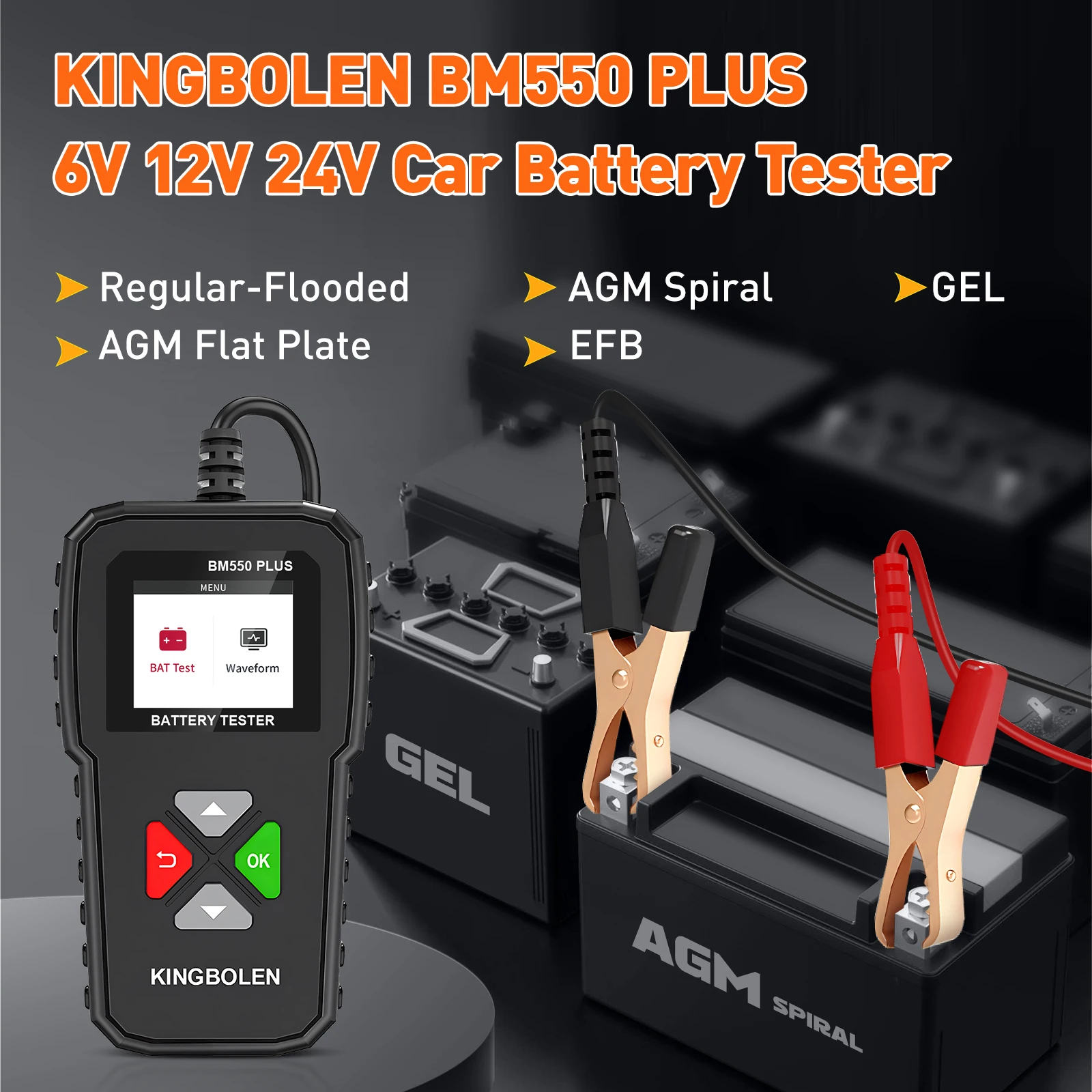 KINGBOLEN BM550 PLUS Car Battery Tester 6V 12V 24V CCA SOC Waveform Test Color Screen Auto Battery System Detect Analyzer Tools 4
