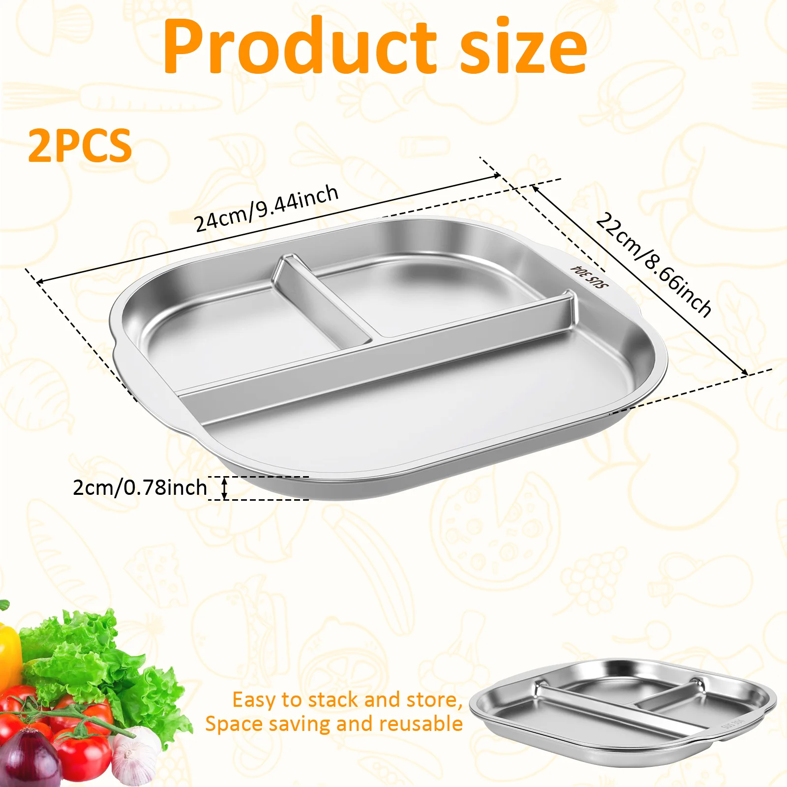 2Pcs Stainless Steel Divided Plates 3 Compartments Stainless Steel Snack Plate Reusable Divided Dinner Plates for Kids Adults