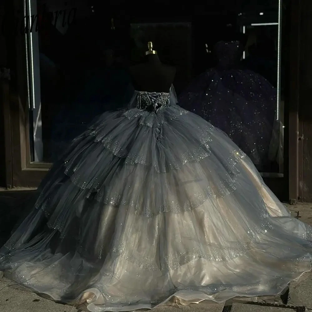 

Платье с открытыми плечами и блестками, бальное платье-корсет с оборками и бисером, серого цвета, XV лет