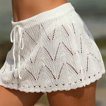 Women Crochet Beach Bikini Cover Up Skirts Summer Drawstring High Waist Knitted Mini Skirts Beachwear Pareo Bathing Suit 1