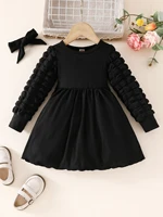 Girls Aged 3-7 Years Old in Spring and Autum Japanese and Korean Style Casual Simple Puff Sleeve Fashionable Waist Dress 1