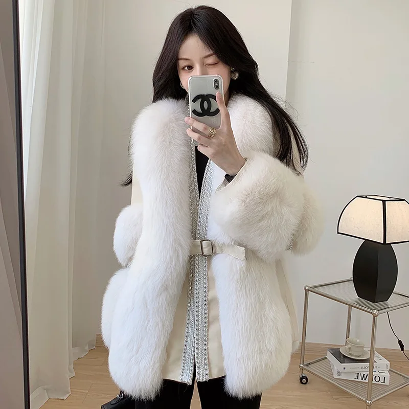 

2024New Full Skin Fox Fur Grass Coat for Women's Mid length Korean Version Slim Fit and Young Fur Coat