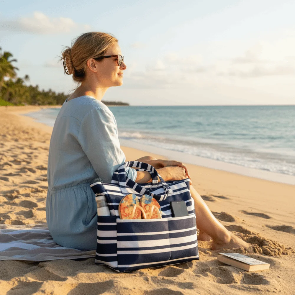 Strandtasche mit mehreren Taschen, faltbar, großes Fassungsvermögen, für Fitness, Lebensmittel, Urlaub, sanddicht, mit Reißverschluss, Umhängetasche – Detail 6