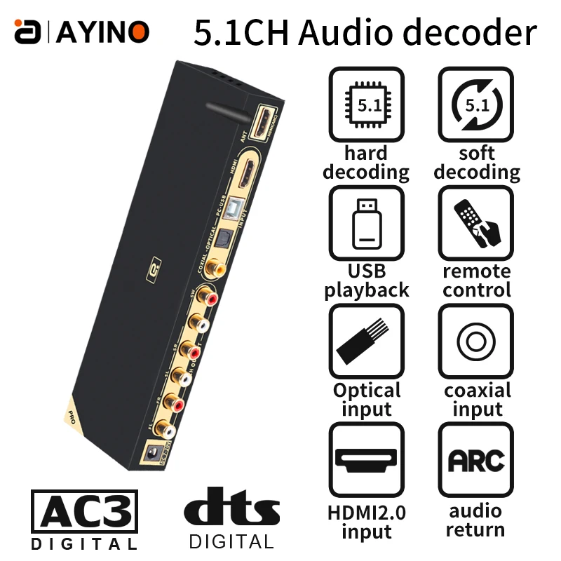 

5.1CH Audio Converter Decoder Bluethooth 5.0 DAC HDMI-compatible ARC SPDIF Coaxial RCA DTSHD AC3 FLAC APE 4K*2K 192khz HD815pro