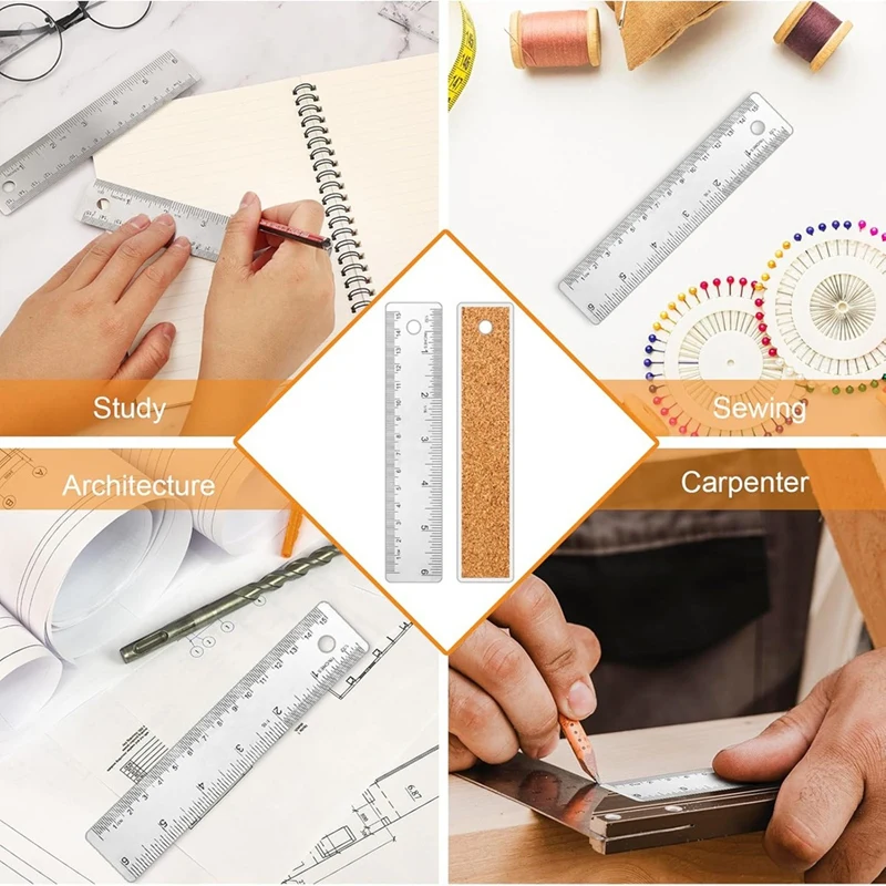 3Pcs Cork Backed Ruler,6 Inch Metal Ruler,Non Slip Metal Ruler With Cork Backing, Straight Edge Ruler For Office School