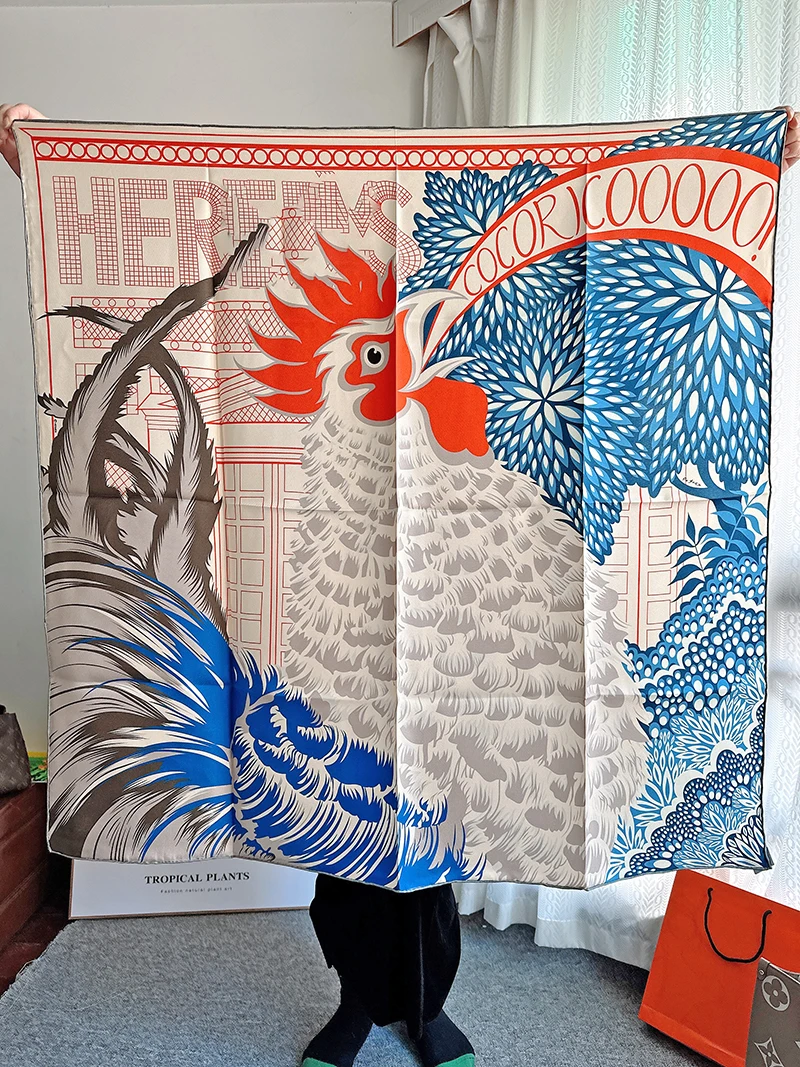 

Cock Crowing New In Scarf Neckerchief Luxury Scarf Silk Print Headband Scarf Women Fashion Mulberry Silk Scarf Shawl Beach 90x90