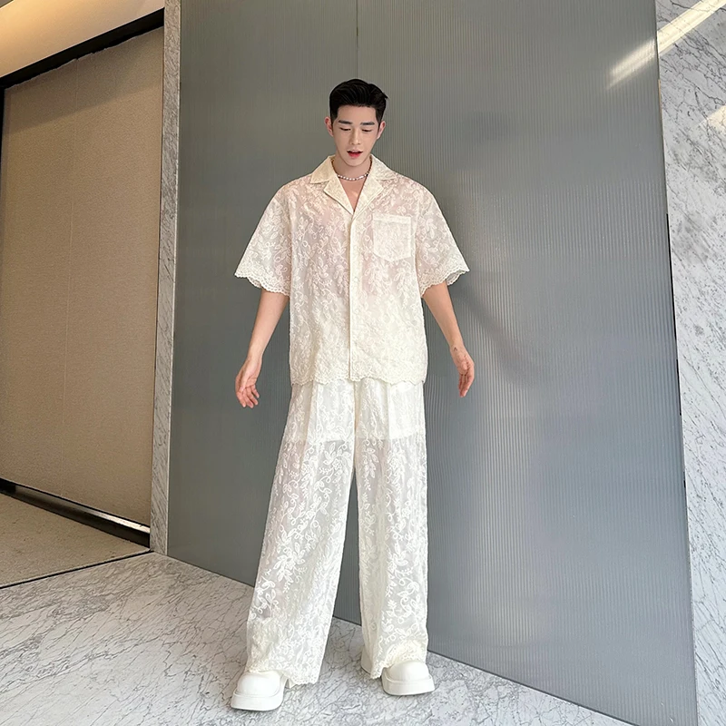 

SYUHGFA 2024 Летний Новый Модный мужской комплект с вышивкой корейский стиль рубашка с лацканами на молнии костюм из двух частей темпераментная мужская одежда