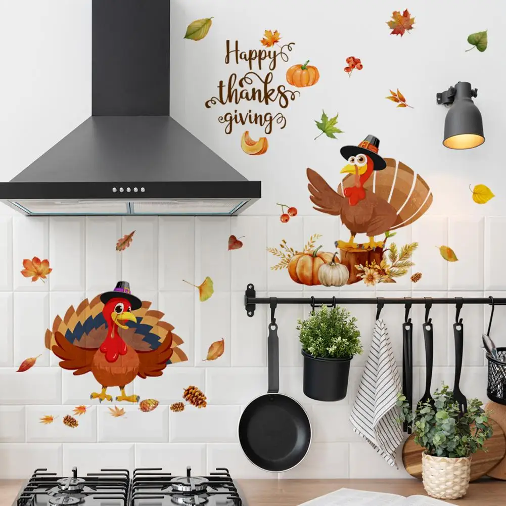 

Picture Wall Sticker Thanksgiving Harvest Decor Festive Wall Stickers with Pumpkin Turkey Maple Leaves for Home Office Pumpkin