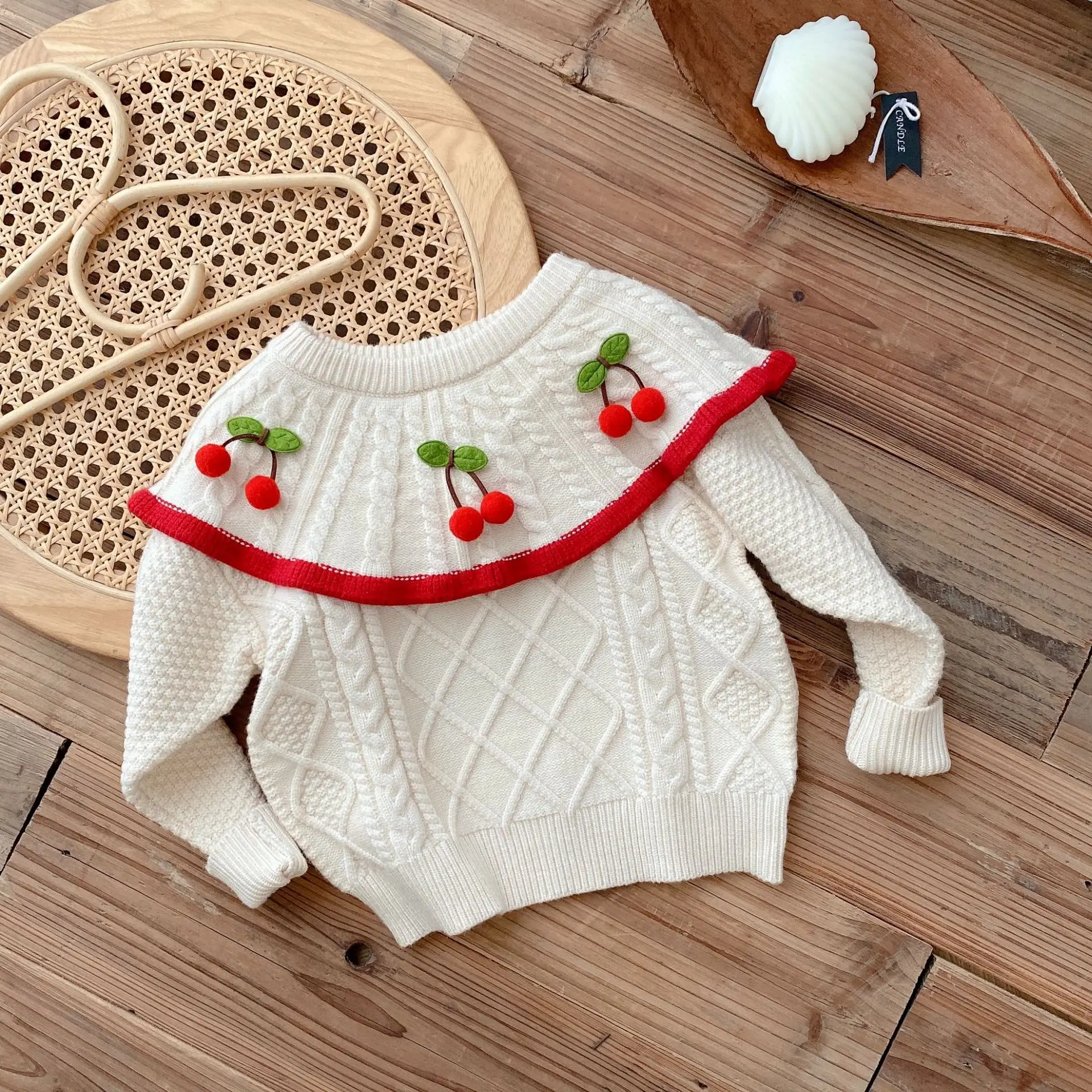 

Girls and Toddlers' Soft Touch Ruffle Sweater Embroidered Cherry Crewneck Knit Cute Pullover