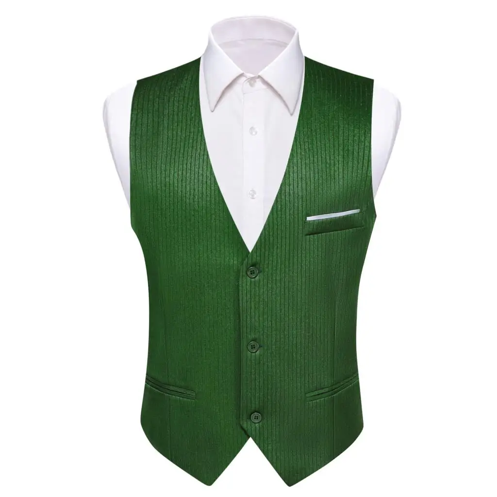 

Luxury Men's Vest Silk Green Solid Stripes Slim Fit Waistcoat Sleeveless Jacket Weddding Business Formal Male Tops Barry Wang